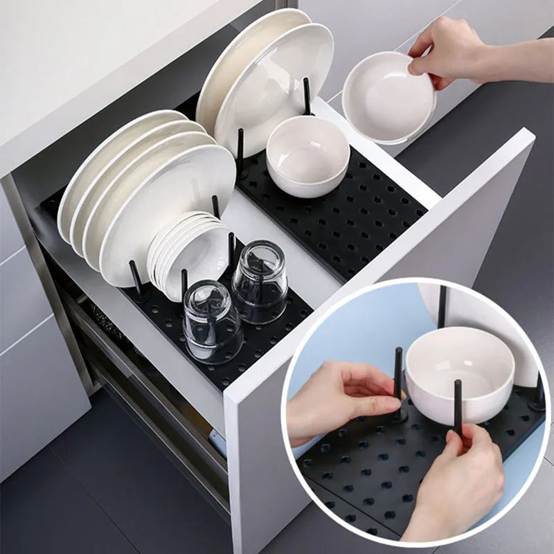 Drawer Retractable Tableware Rack  Pegboard Drawer Organizers  For Kitchen Adjustable Dish Plate Storage