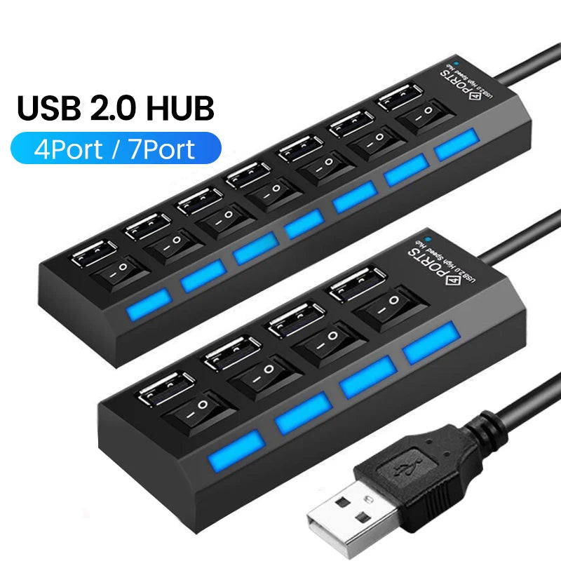 USB 2.0 Hub Multi USB Splitter Ports Hub Use Power Adapter4/ 7 Port Multiple Expander Hub with Switch 30CM Cable For Home