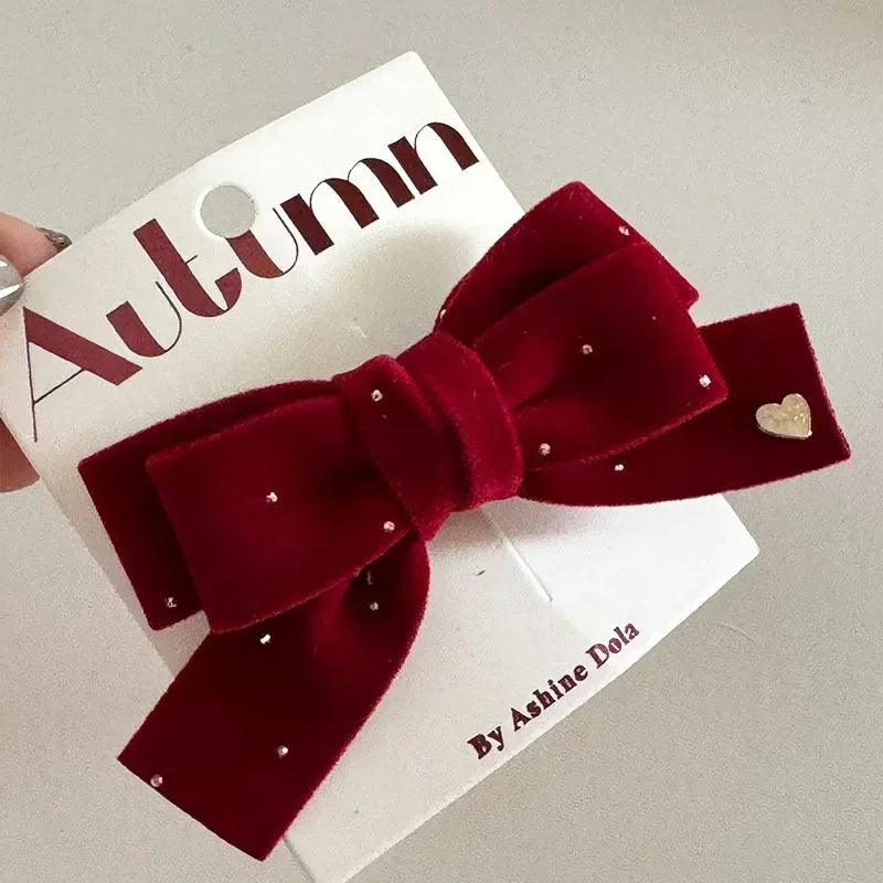 1/2Pc Red Velvet Bow Hair Pins Alloy Heart Hair Clips for Kids Girls Pompom Barrettes Ponytail Holder Headwear Accessories