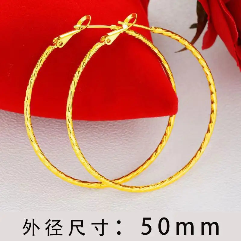 24K Gold AU999 Large Round Hoop Earrings Women's - Premium pure gold, classic versatile design, suitable for commute