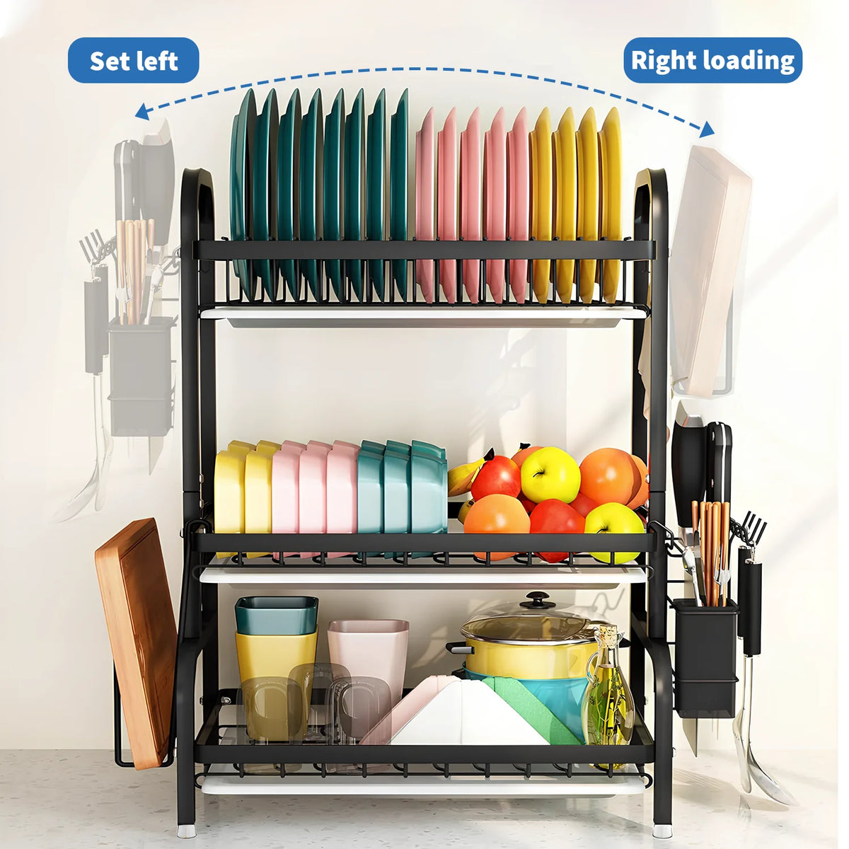 3 Tier Dish Organizer Dish Drying Rack Compact Kitchen Dish Rack Drainboard Set Large Rust-Proof Dish Drainer Kitchen Dish Drain