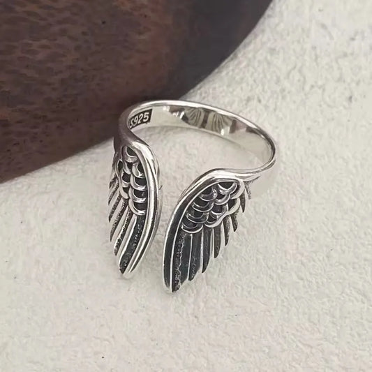 925 sterling silver open wing ring with engraved feather scales, adjustable band