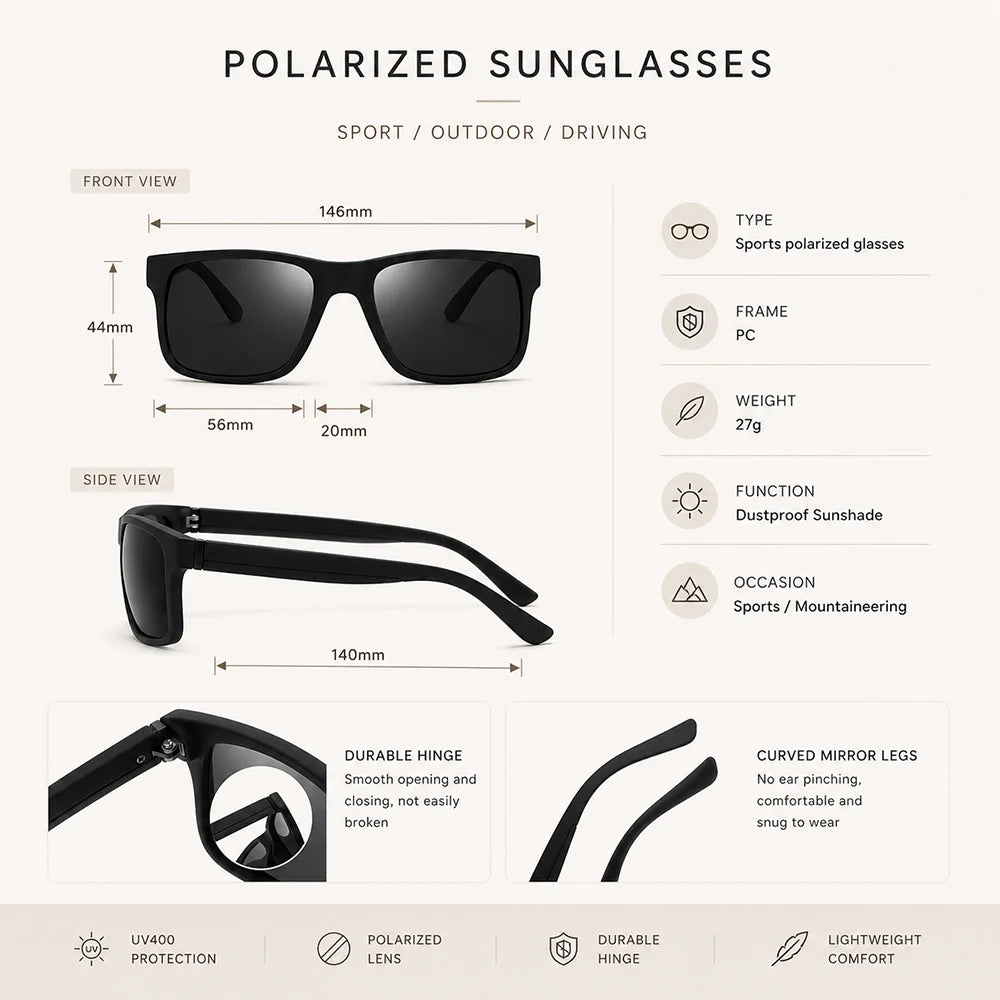 Matte Polarized Sunglasses Men Women UV400 Square Driving Sun Glasses Outdoor Sport Fishing Travel Eyewear Durable Hinge