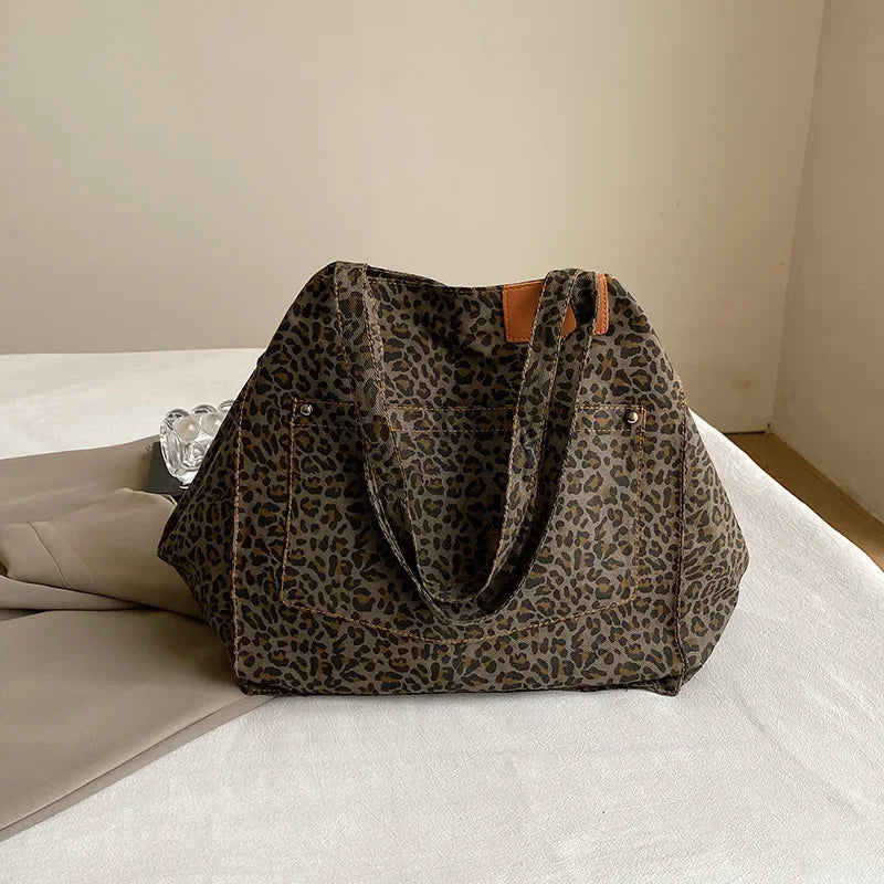 Vintage Leopard Print Women's Handbag Fashion Large Capacity Leopard Print Canvas Bag Underarm Bag Large Shopping Bag Women' Bag