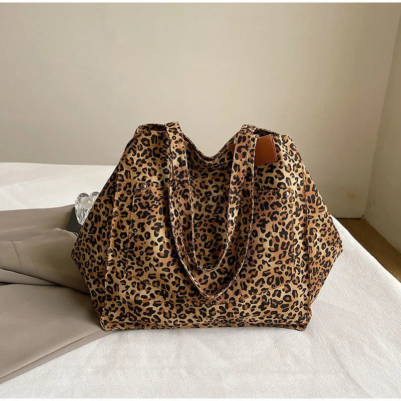 Vintage Leopard Print Women's Handbag Fashion Large Capacity Leopard Print Canvas Bag Underarm Bag Large Shopping Bag Women' Bag