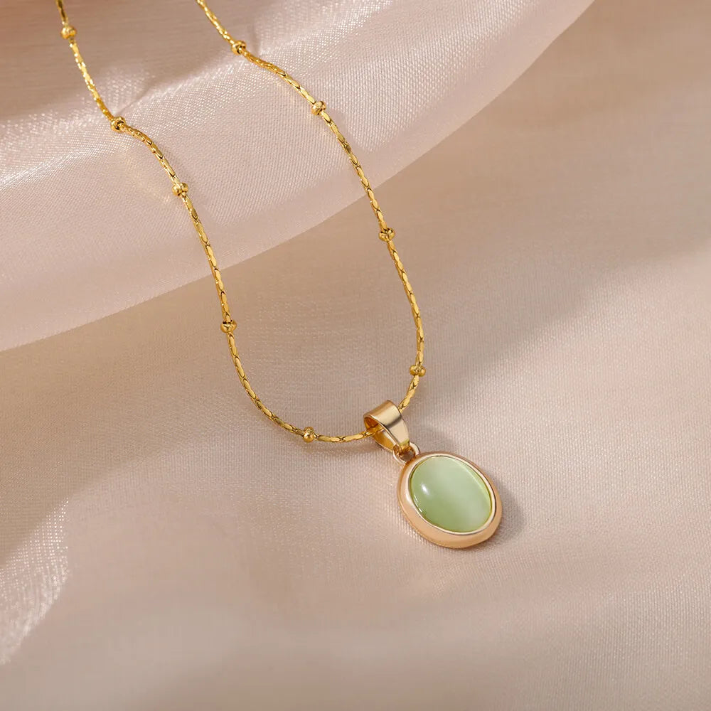 Oval Opal Pendant Necklace For Women Gold Plated Stainless Steel Bead Chains Necklaces 2022 Trend Wedding Jewelry collares mujer