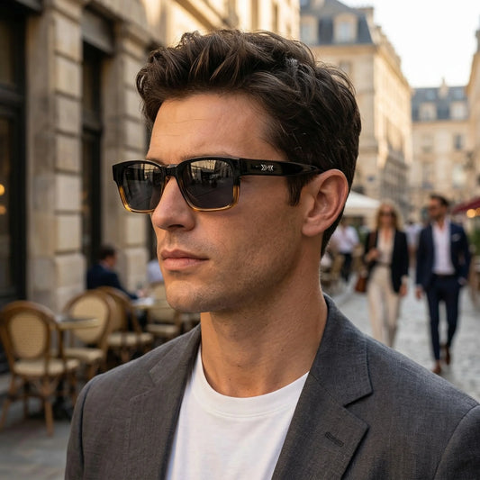 Square black sunglasses with dark lenses, minimalist frame and slim temples
