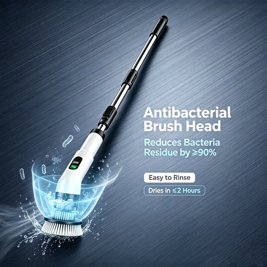 Handheld electric spin scrubber with bristle brush head and water spray near the base