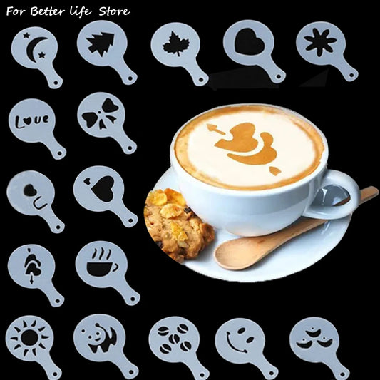 16-piece coffee latte art stencil set with multiple shaped templates