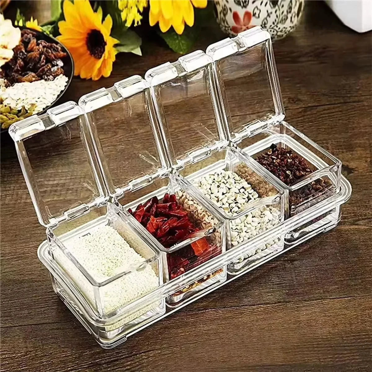 Kitchen Spice Pot 4 Transparent Seasoning Boxes with Cover and Spoon for Storage Containers Seasoning Cans Acrylic Seasoning Box