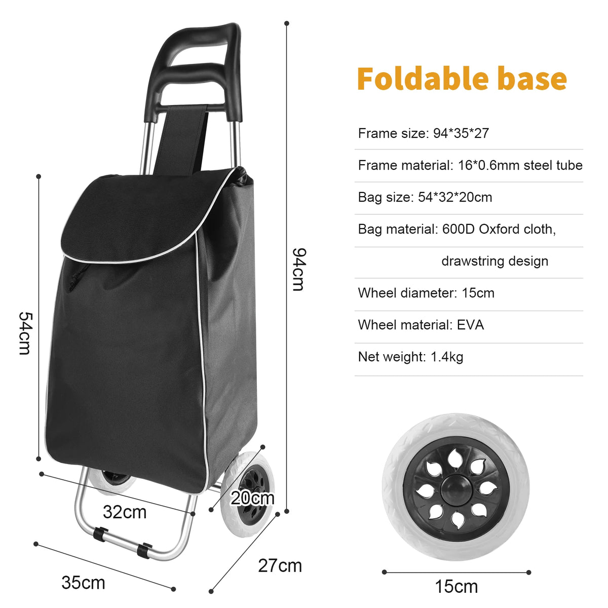 Grocery Trolley, Shopping Cart with Detachable Shopping Bag, Trolley Mudguard Stair Climbing Wheels, 35L