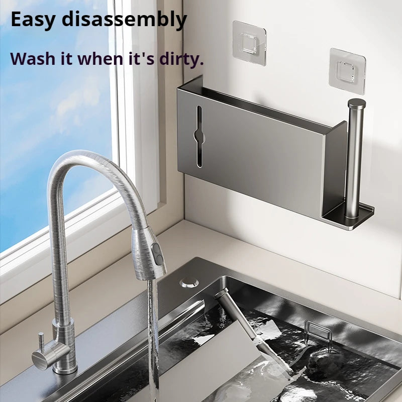 Stainless steel tissue roll holder with easy-clean design and open center tray