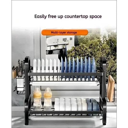 Two-layer dish drying rack with wire shelves and side utensil holders