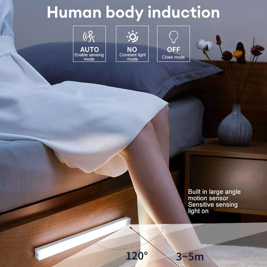 Motion-activated LED light bar under bed edge, shows range and 120° sensing coverage.