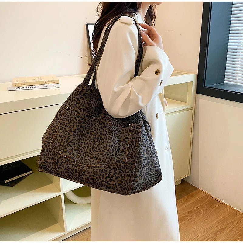 Vintage Leopard Print Women's Handbag Fashion Large Capacity Leopard Print Canvas Bag Underarm Bag Large Shopping Bag Women' Bag
