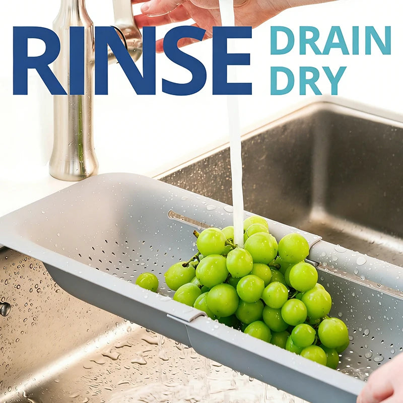 Extendable Over The Sink Colander Strainer Basket for Washing Vegetables Fruits Draining Pasta Drying Dishes Home Kitchen Tool