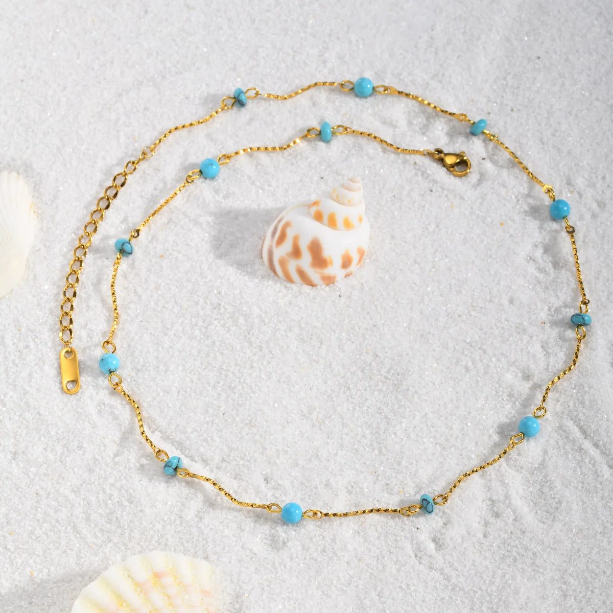 Waterproof Turquoise Necklace Gold Plated Stainless Steel Non-tarnish Wavy Link Chain Bead Choker Necklace Summer Boho Jewelry