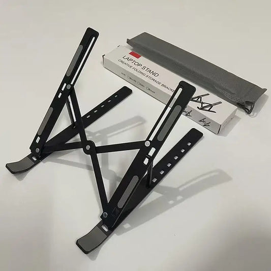 Foldable adjustable laptop stand, black metal base with angled support feet