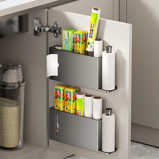 Stainless steel cabinet tissue roll holder with two open shelves for storing rolls