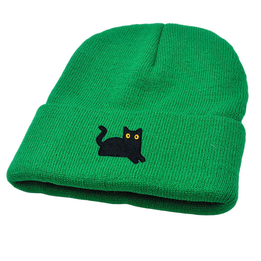 Green rib-knit beanie hat with embroidered black cat on front