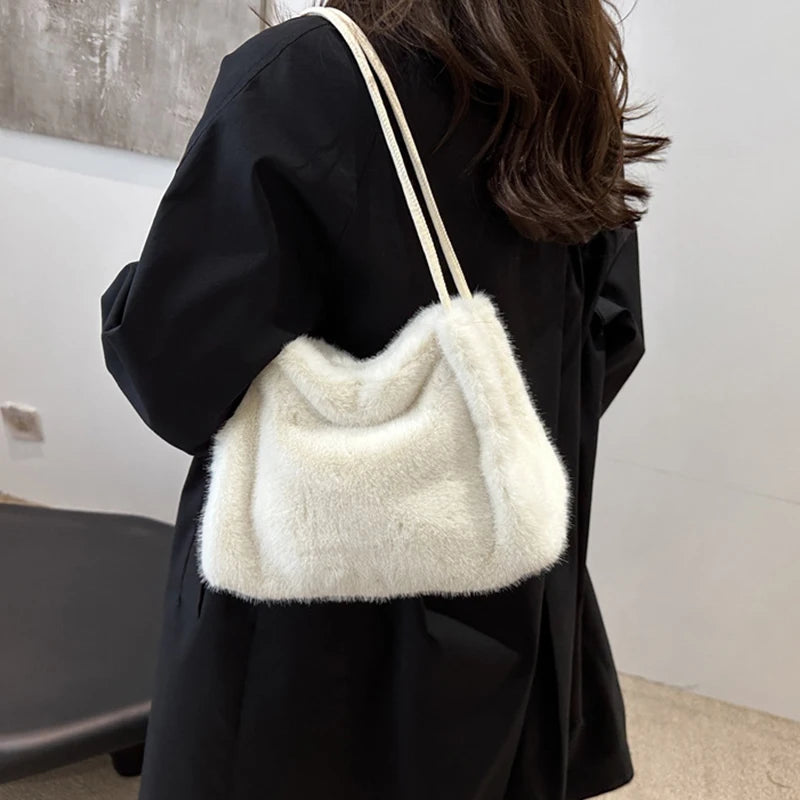Female Autumn Winter Plush Handbag Versatile Solid Color Chain Crossbody Shopping Bag Women New Design Chain Messenger Bags
