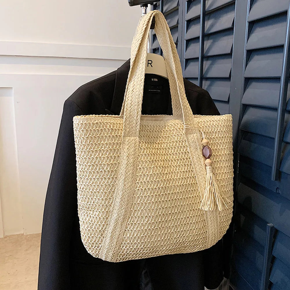 Summer Straw Women Bag Hand-Woven Handbags Handmade Raffia Beach Boho Shoulder Bag Large Tote Bag Tassel Shopping Purses