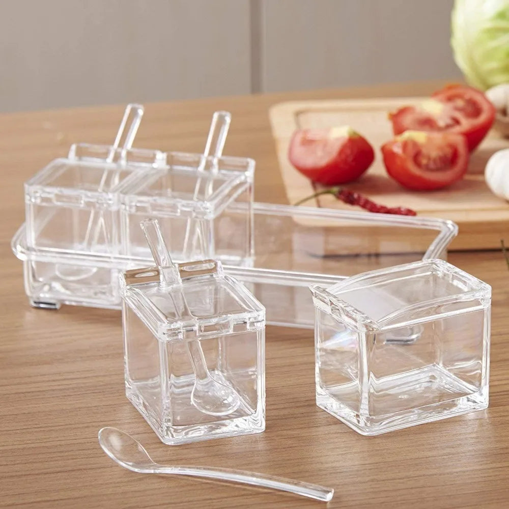 KitchenSeasoning Box Set Clear Crystal SeasoningStorage Container Seasoning Bottle with Lid andSpoon KitchenSeasoning Tool