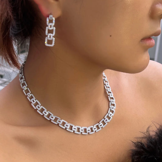 Silver cuban link necklace and matching drop earrings with pave cubic zirconia stones