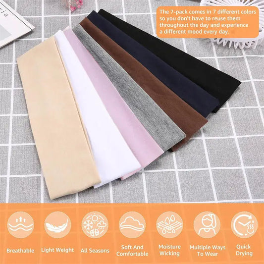 Elastic headbands multipack laid out in beige, white, pink, grey, brown, navy, and black.