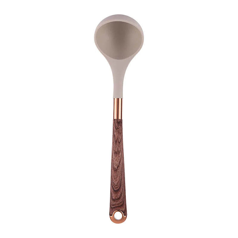 LMETJMA Silicone Kitchen Utensil Set 10 Pcs Cooking Utensil with Utensils Holder Wooden Pattern Handles Nonstick Cookware JT264