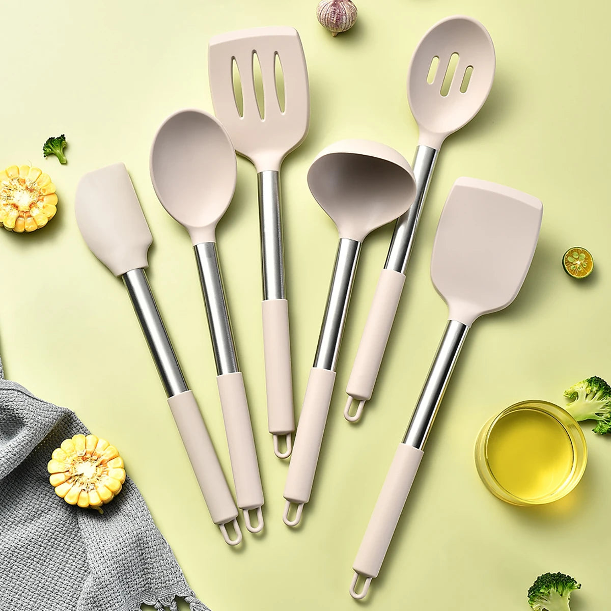 2/4/6/8pcs Silicone Kitchenware Set Stainless Steel Hand Shovel Soup Spoon Spaghetti Claw Cooking Set Household Kitchen Tool Set