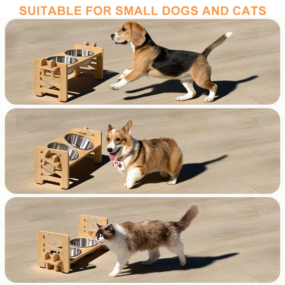 Adjustable Wooden Raised Dog Bowl Stand With 2 Stainless Steel Bowls For Small Dogs and Cats Sturdy Wooden Pet Food Feeder