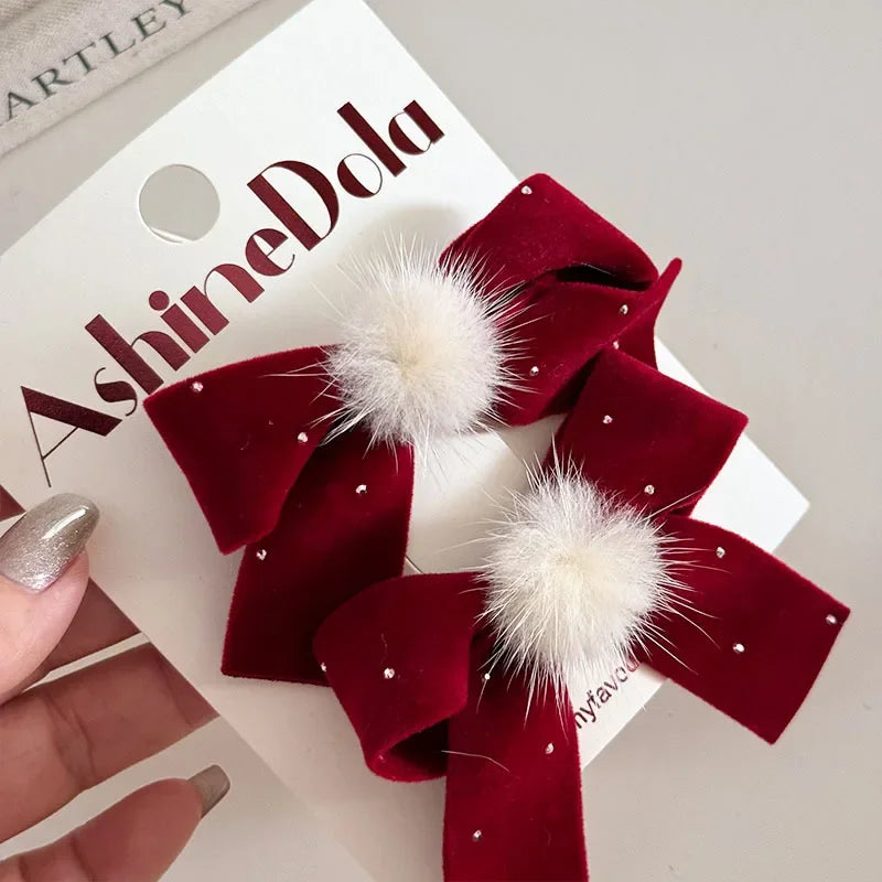 1/2Pc Red Velvet Bow Hair Pins Alloy Heart Hair Clips for Kids Girls Pompom Barrettes Ponytail Holder Headwear Accessories