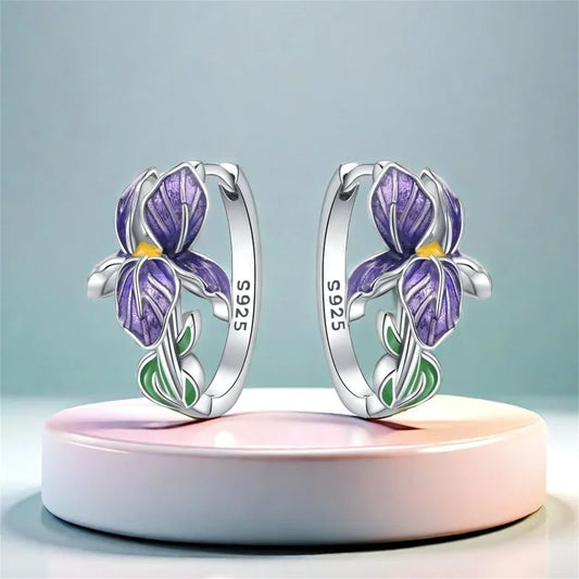 Sterling silver hoop earrings with purple iris and green leaf enamel details