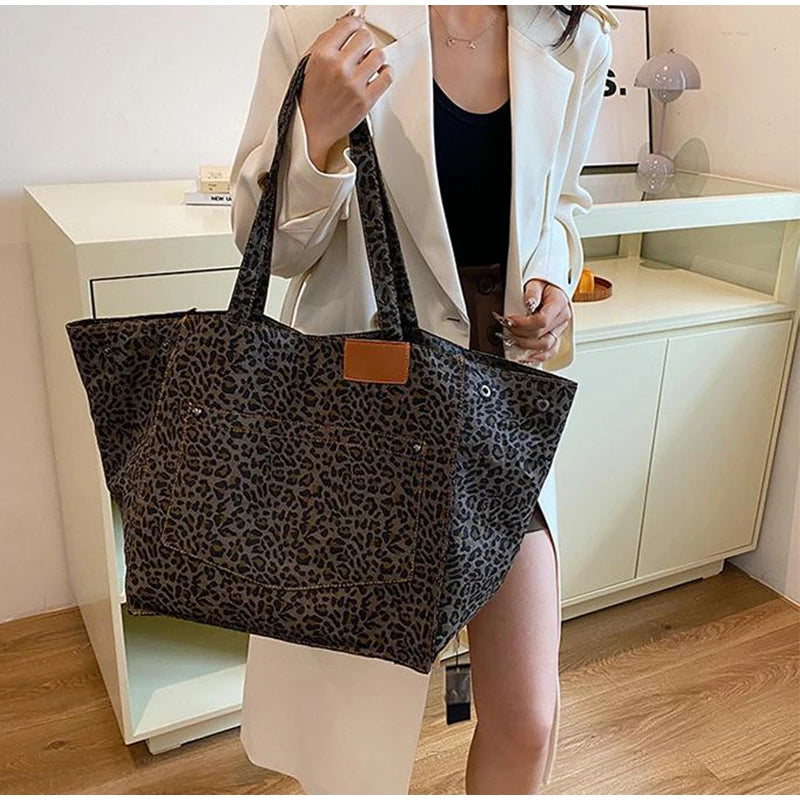 Vintage Leopard Print Women's Handbag Fashion Large Capacity Leopard Print Canvas Bag Underarm Bag Large Shopping Bag Women' Bag