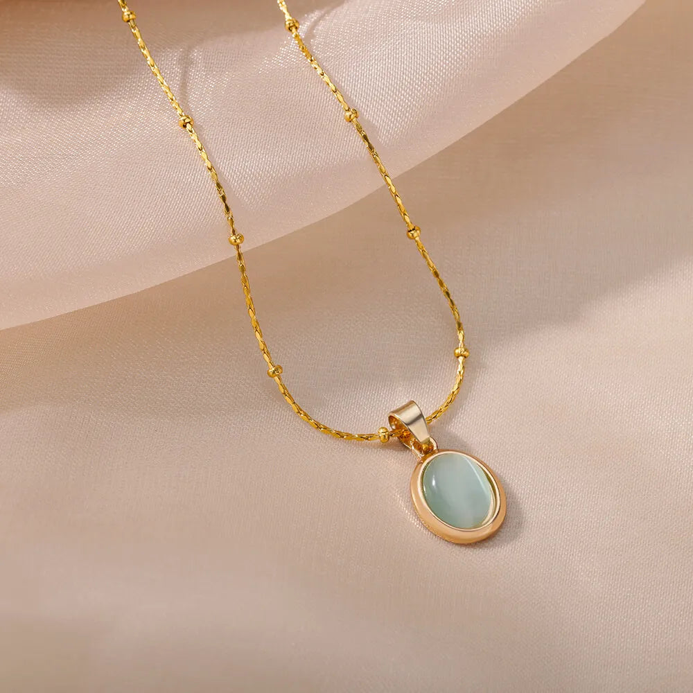 Oval Opal Pendant Necklace For Women Gold Plated Stainless Steel Bead Chains Necklaces 2022 Trend Wedding Jewelry collares mujer