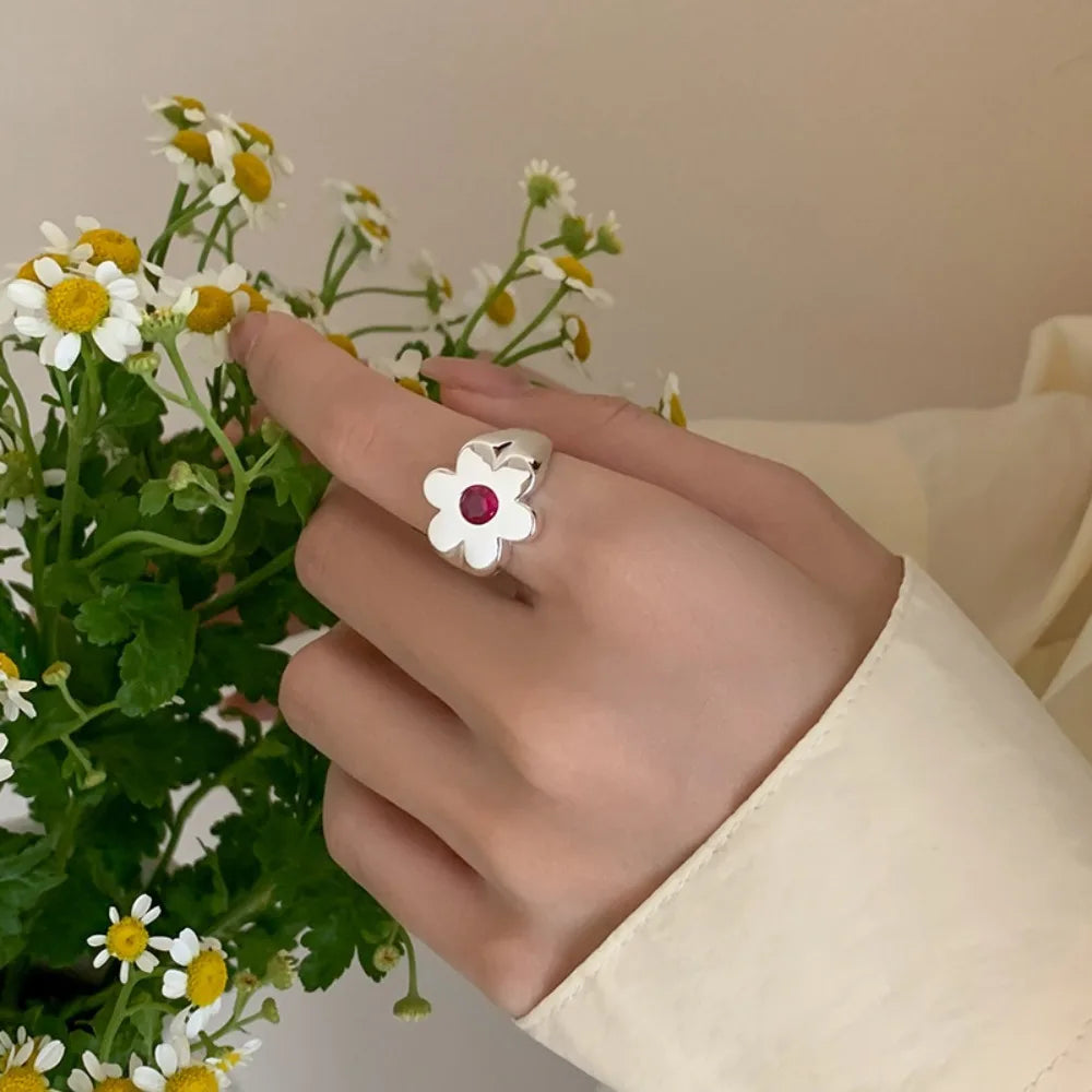 Personality Sweet Flower Smooth Surface Opening Ring Trend Wide-edged Index Finger Ring for Women Korea Fashion Jewelry Gifts