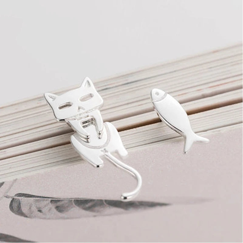 925 Sterling Silver Ear Stud Cat Fish Earring Gift for Women Hypoallergenic Eardrop Fine Jewelry Studs Prevent Allergy Dangler