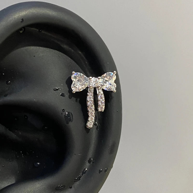 1 Pcs White Heart Bowknot Titanium Steel Ear Bone Nail Shiny Allergy Prevention Women Cochlear Accessories Piercing Earrings