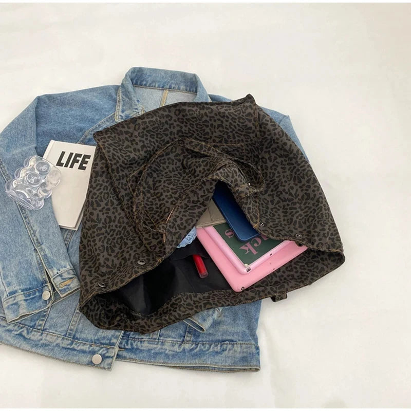 Vintage Leopard Print Women's Handbag Fashion Large Capacity Leopard Print Canvas Bag Underarm Bag Large Shopping Bag Women' Bag