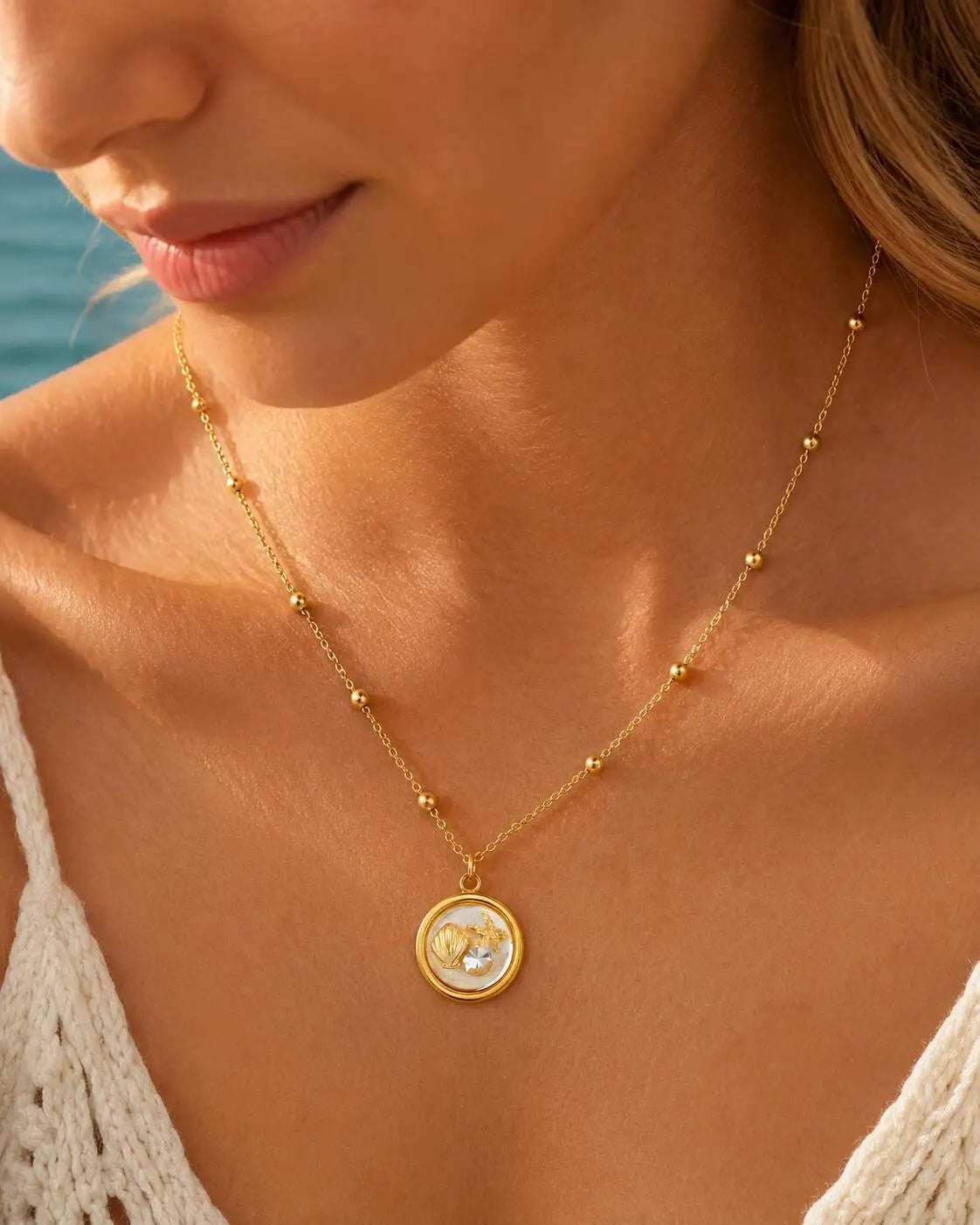18K Gold Plated Pearl, Shell, Conch, Starfish Summer Beach Necklace for Women, Stainless Steel Waterproof Charm Jewelry