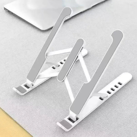 Angled foldable laptop stand with vented cradle rails and two support legs