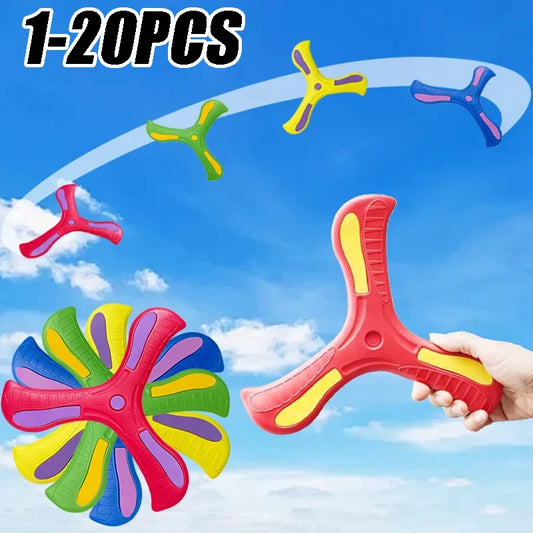 Three-leaf foam boomerang toy set with multicolor yellow and red pieces