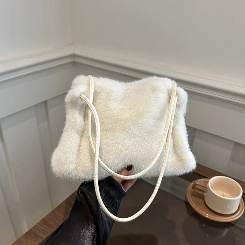 Female Autumn Winter Plush Handbag Versatile Solid Color Chain Crossbody Shopping Bag Women New Design Chain Messenger Bags