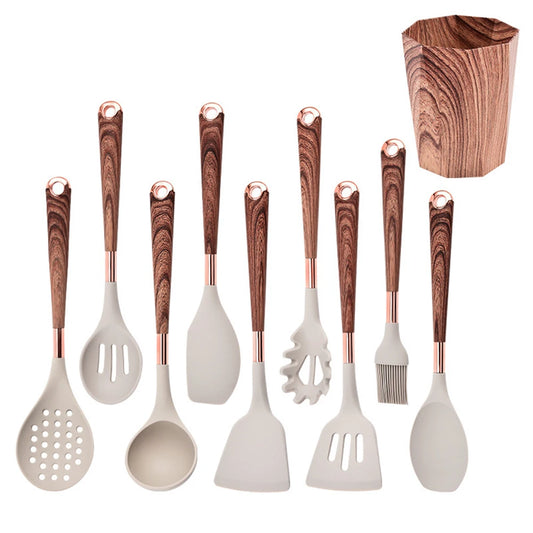 Silicone cooking utensil set with wooden-pattern handles and white silicone heads