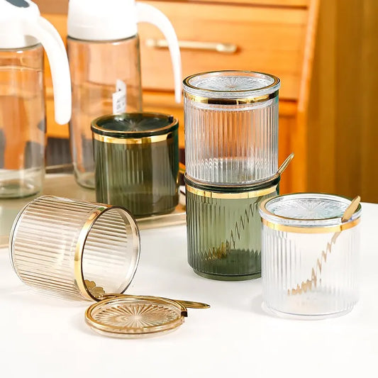Glass seasoning jar set with gold lids and small spoon, smoke grey and clear green styles