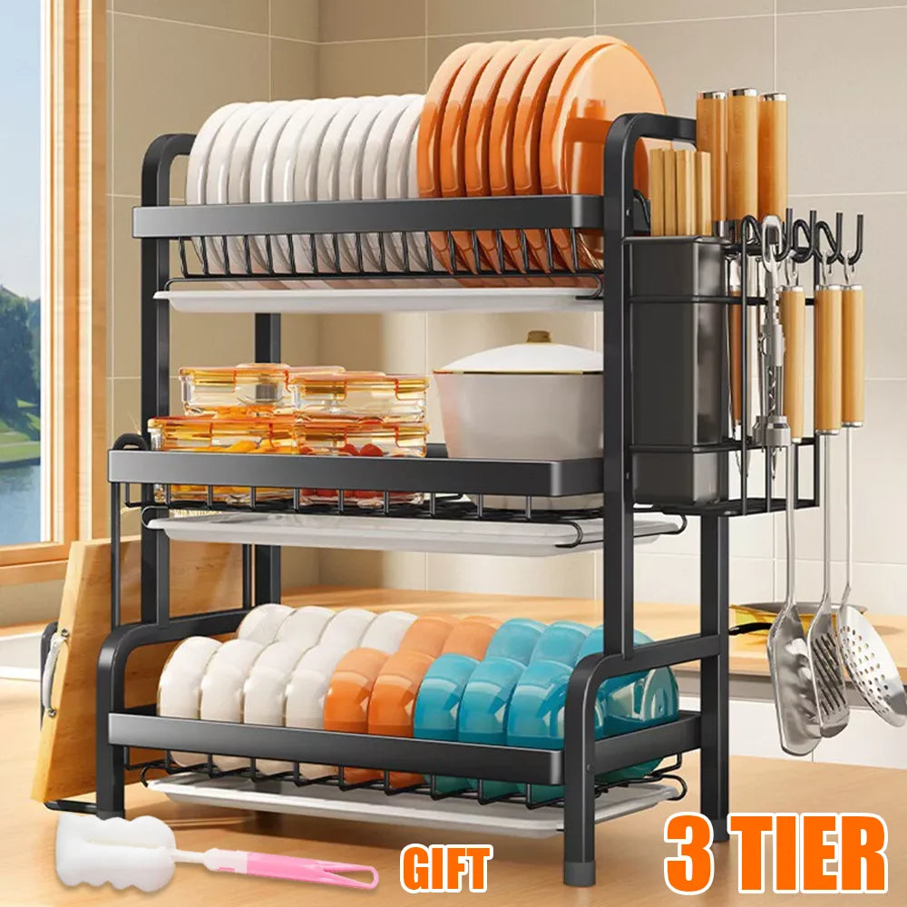 3 Tier Dish Organizer Dish Drying Rack Compact Kitchen Dish Rack Drainboard Set Large Rust-Proof Dish Drainer Kitchen Dish Drain