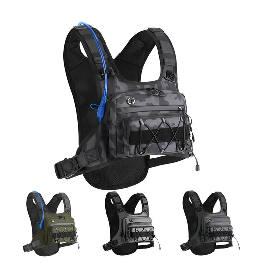 Black tactical chest rig vest with front organizer pockets and elastic cords