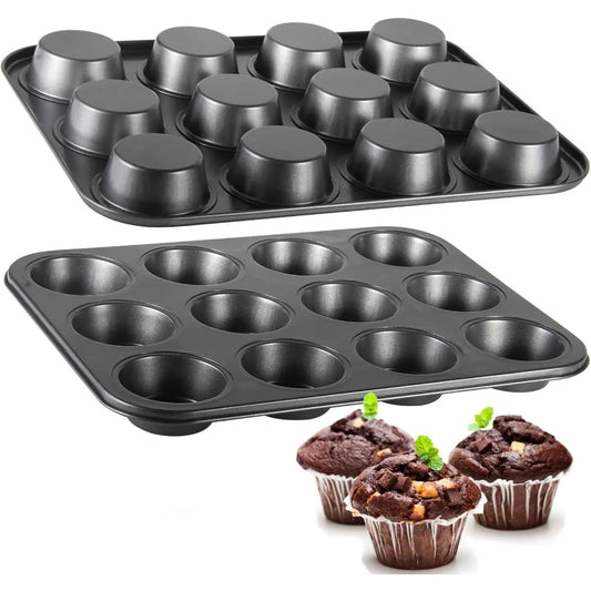 12-cup carbon steel nonstick muffin tin with square mold wells and raised rim