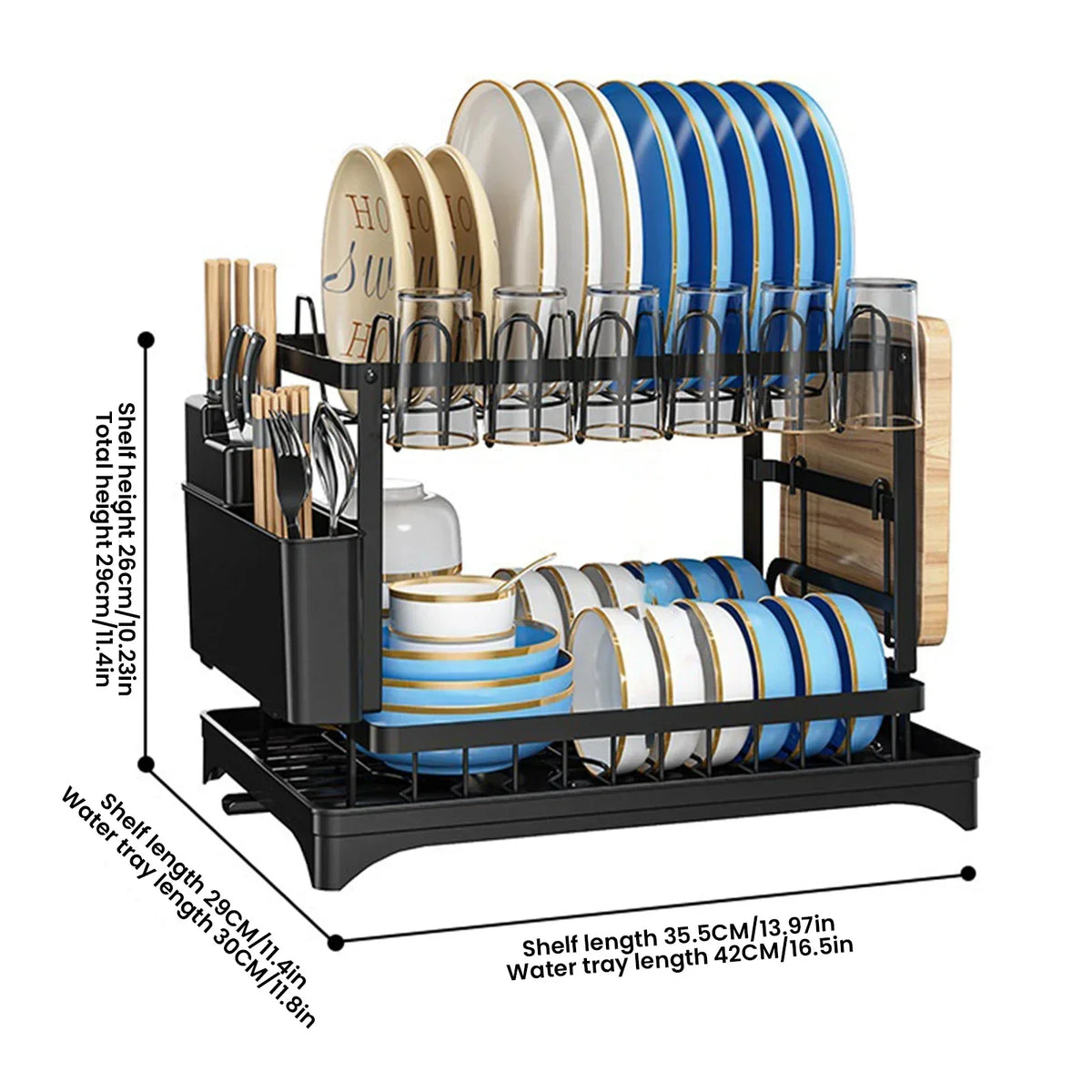 Space Saving Double Tier Dish Drying Rack Rust Resistant Metal With Drain Tray Easy Assemble Kitchen Tableware Holder